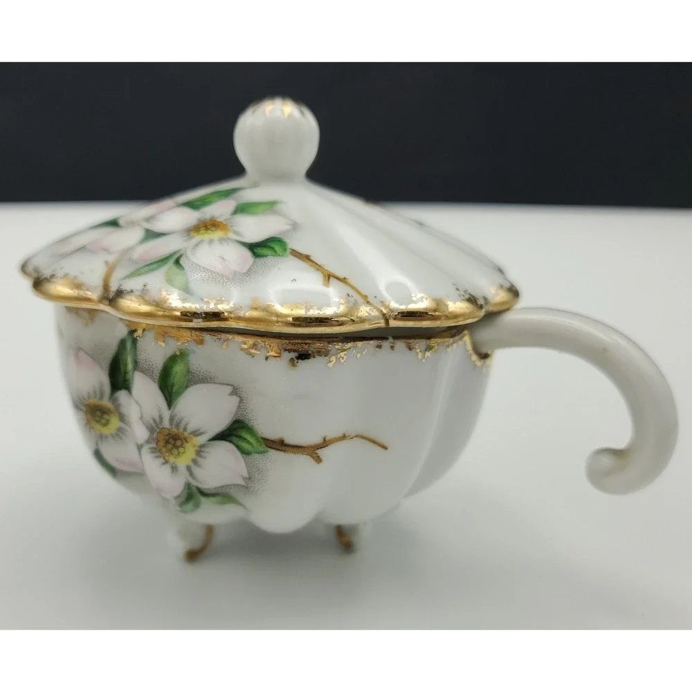 Vtg Dogwood Footed Guilded Serving Mayonnaise Sugar Bowl Lid Spoon NW-DW-60